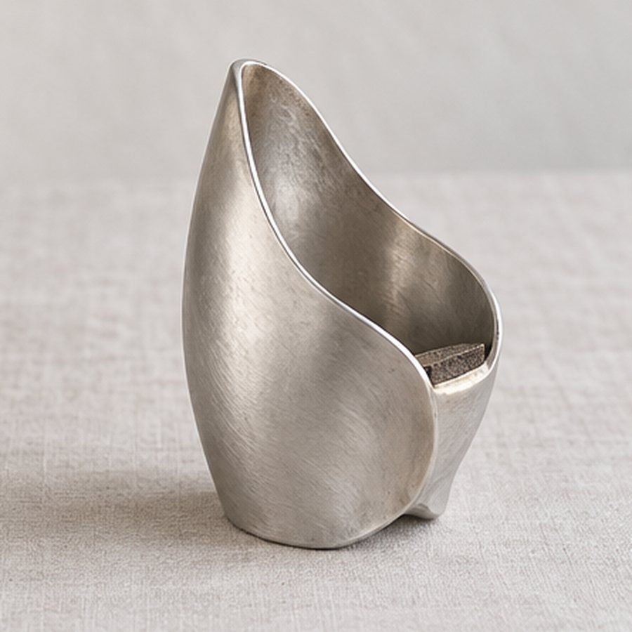 Open Husk Match Holder — Aluminium with small replaceable striker pad beneath one exterior flat return · natural silver aluminium · concept render