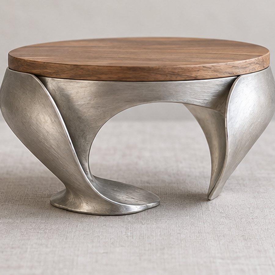 Rising-Rind Cake Plinth — Aluminium with small removable hardwood food disc · natural silver aluminium · concept render