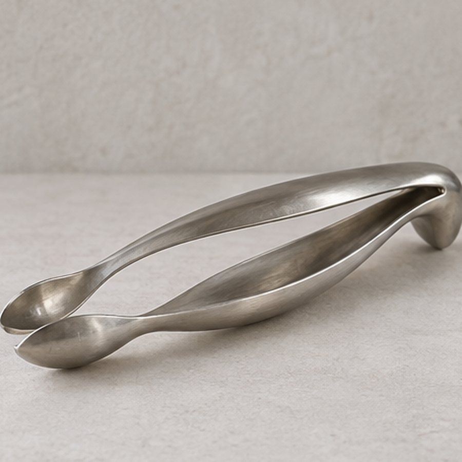 Split-Pod Serving Tongs — 304 stainless steel · natural satin stainless · concept render