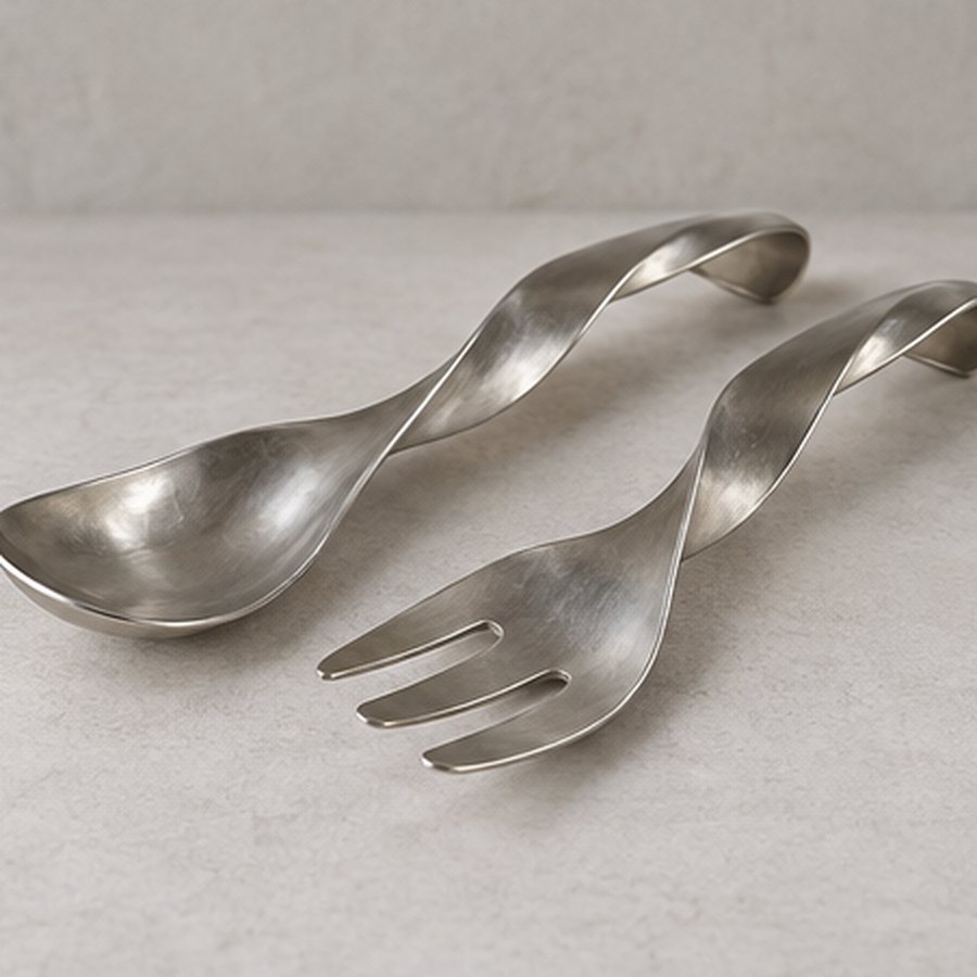 Furled-Leaf Salad Pair — 304 stainless steel · natural satin stainless · concept render