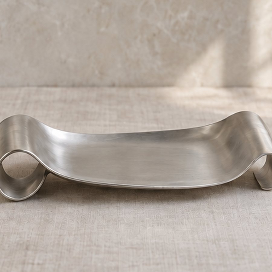Scroll-Return Canape Tray — 304 stainless steel · natural satin stainless · concept render