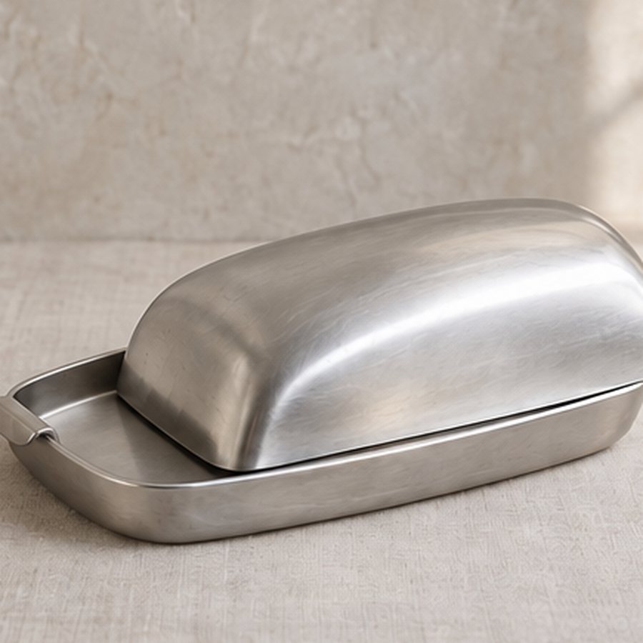 Rind-Slide Butter Dish — 304 stainless steel · natural satin stainless · concept render