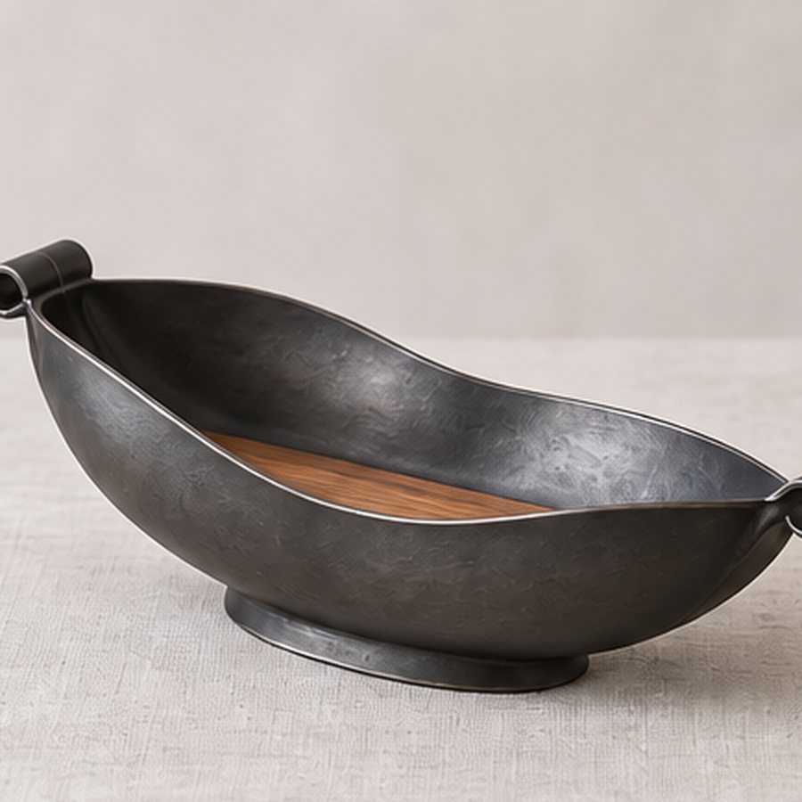 Split-Pod Bread Boat — Iron with narrow removable hardwood floor strip · protected dark charcoal or satin black · concept render