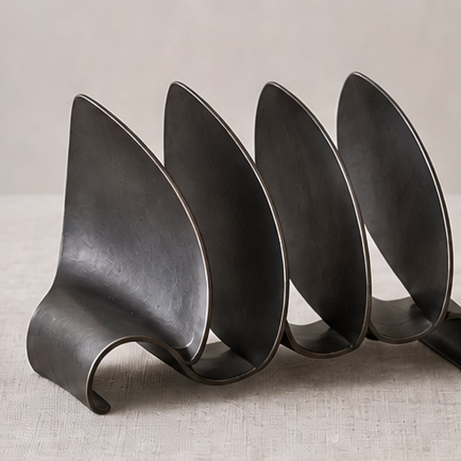 Folded Shoot Plate Rack — Iron with small non-metal contact pads · protected dark charcoal or satin black · concept render