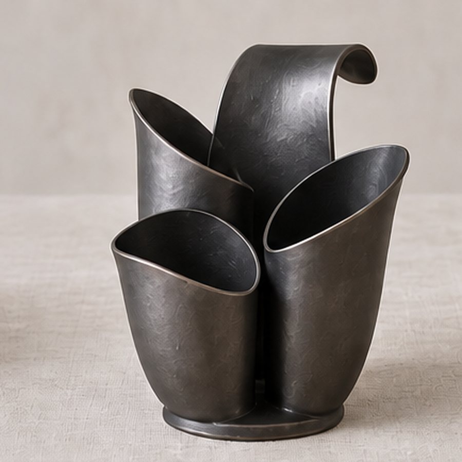 Rolled Petal Cutlery Quiver — Iron with small removable non-metal bottom pads · protected dark charcoal or satin black · concept render