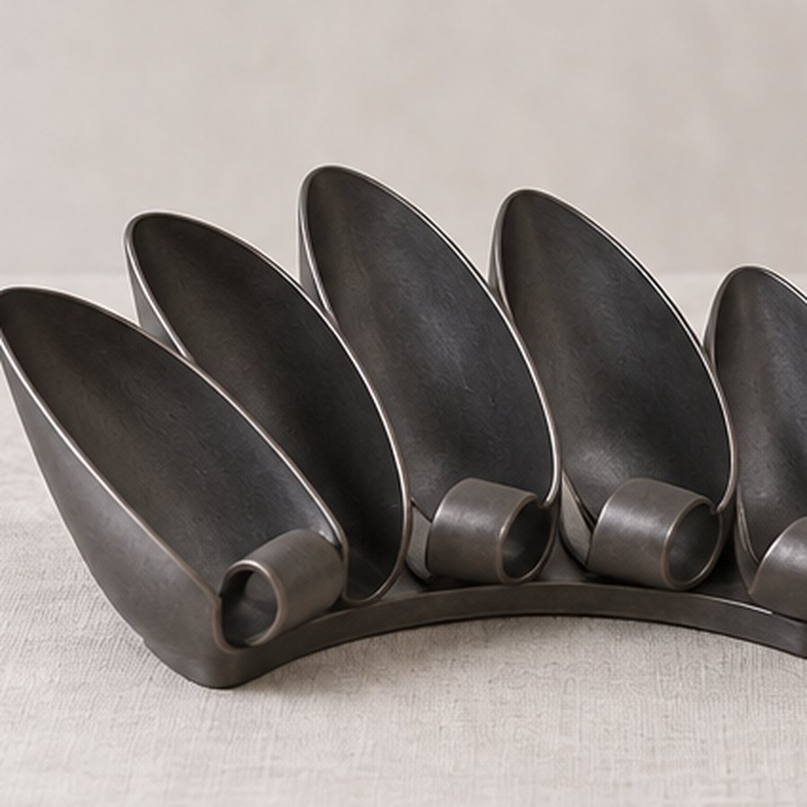 Open Pod Tea-Sachet Fan — Iron · protected dark charcoal or satin black · concept render