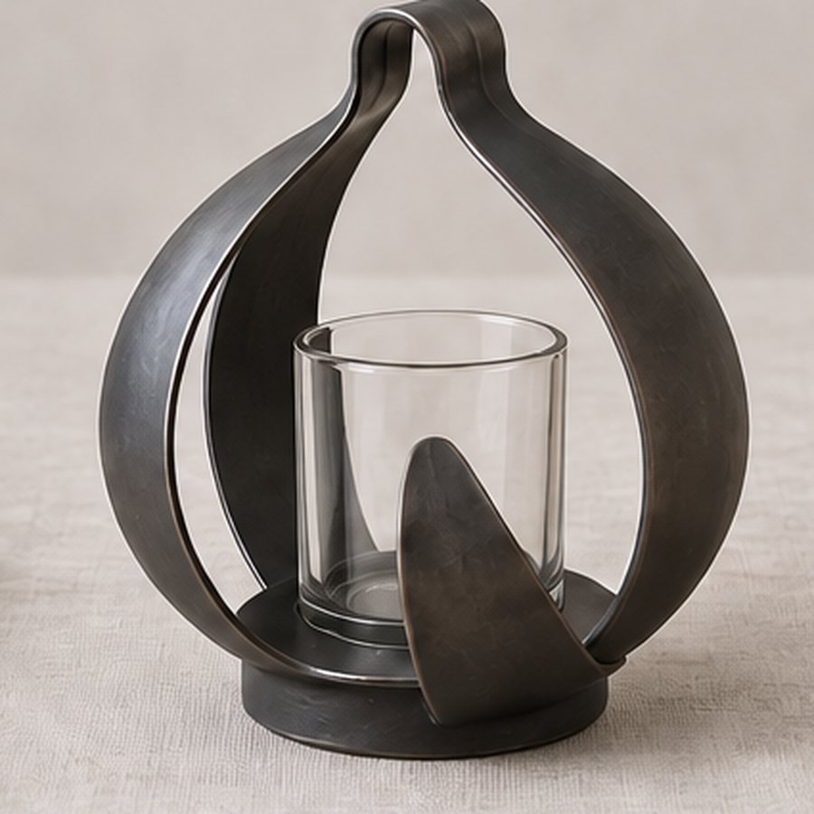 Open-Rind Table Lantern — Iron with small removable heat-qualified clear glass candle vessel · protected dark charcoal or satin black · concept render