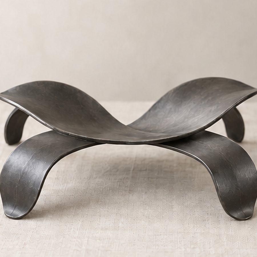 Crossed Leaf Tray Rest — Iron with small non-metal contact pads · protected dark charcoal or satin black · concept render