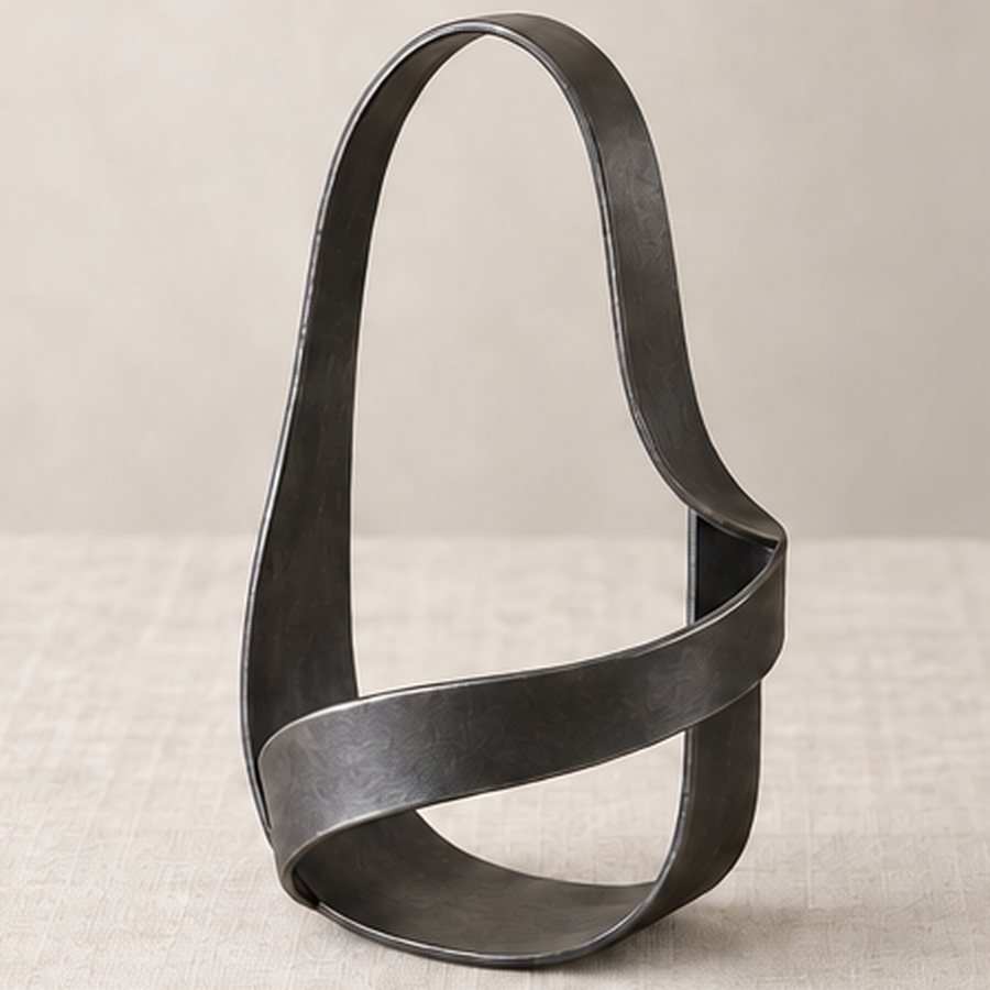 Bent-Stem Bottle Sling — Iron with small felt bottle-contact pads · protected dark charcoal or satin black · concept render