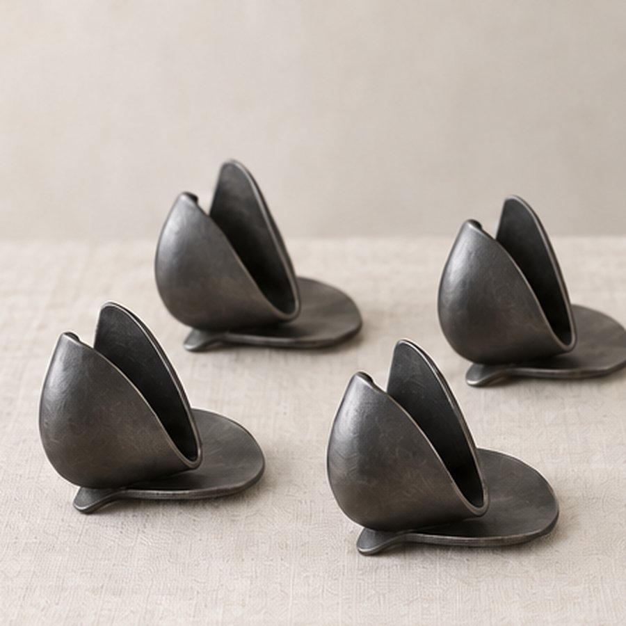 Folded Bud Place Card Set — Iron · protected dark charcoal or satin black · concept render