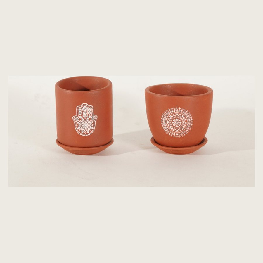 Mandala Carved Pot — terracotta pots with hand-carved mandala relief and saucers