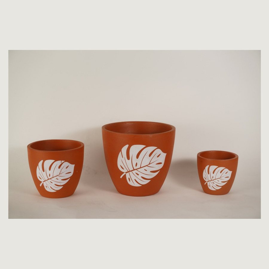 Leaf Motif Print Planter — Terracotta · natural, hand-painted motif · motif / colour