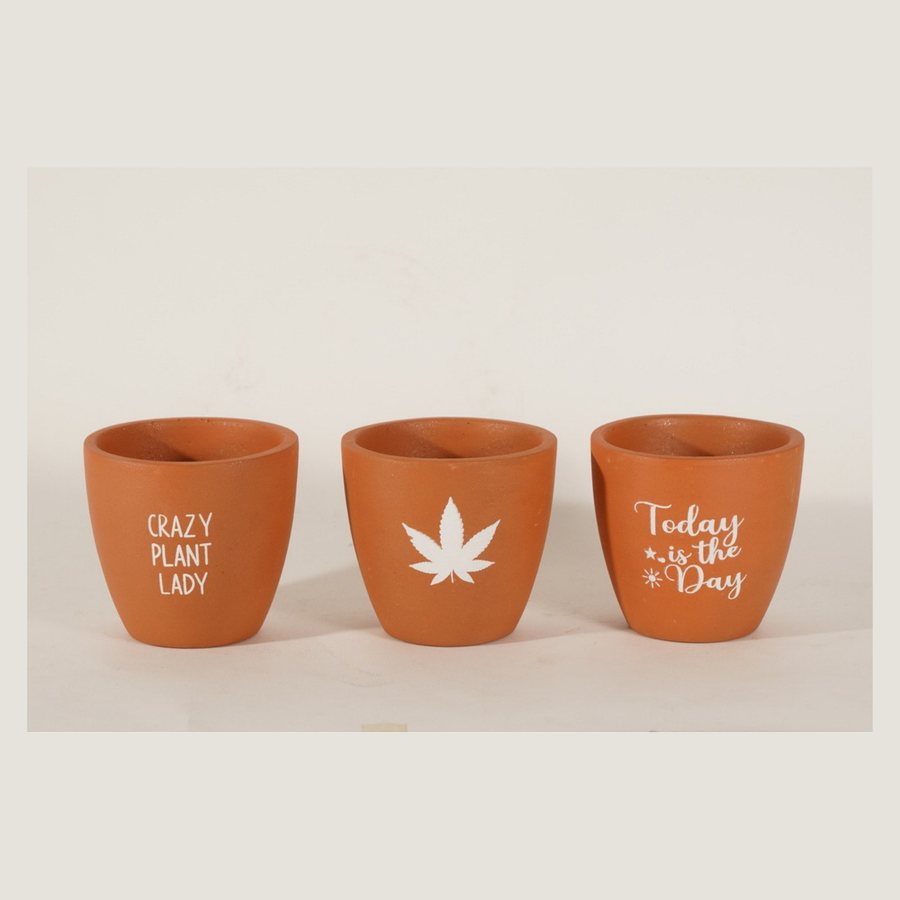 Slogan Print Planter, Single — Terracotta · natural, hand-painted lettering · text / colour