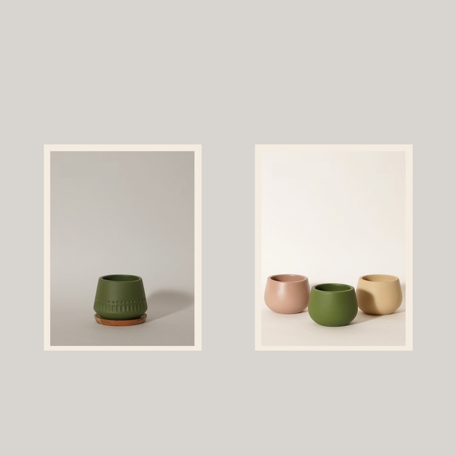 Minimal Planter with Plate — Terracotta · matte painted · wooden plate option · colour
