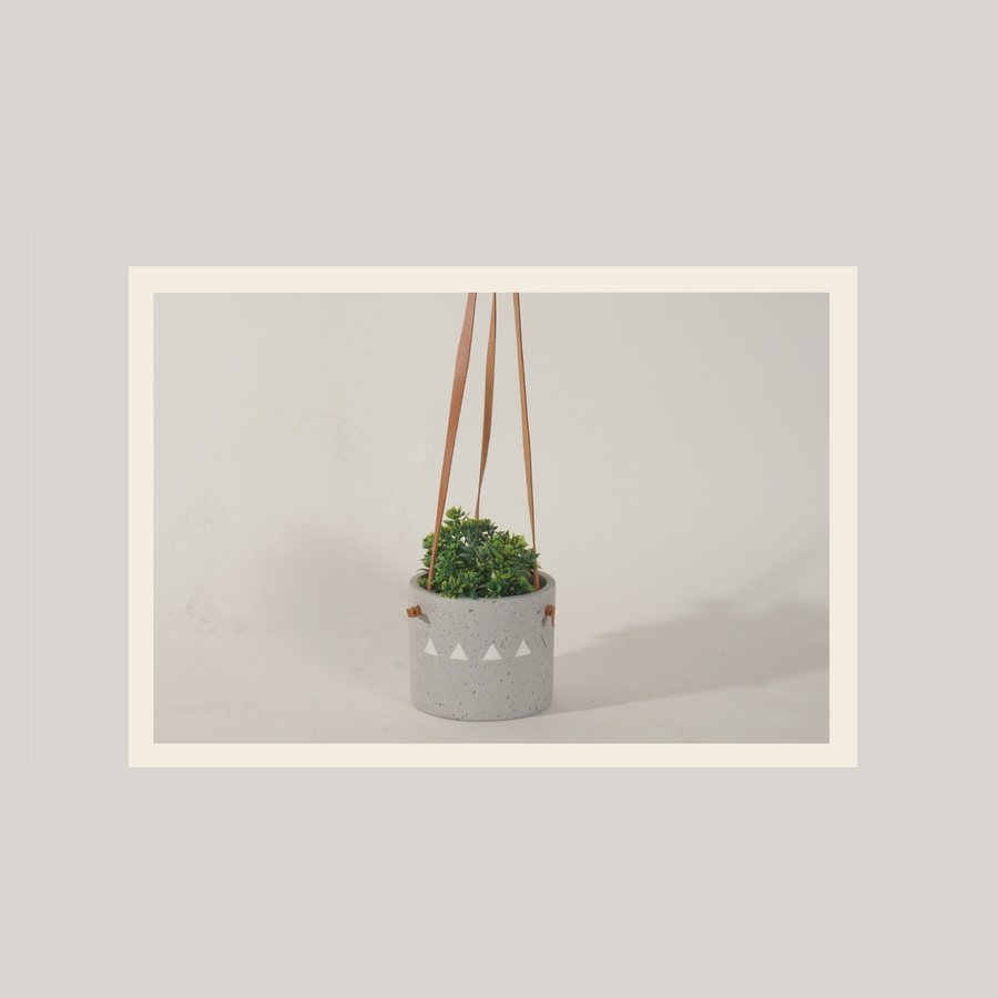 Hanging Motif Planter — Terracotta · texture painted · leather loop · colour / design