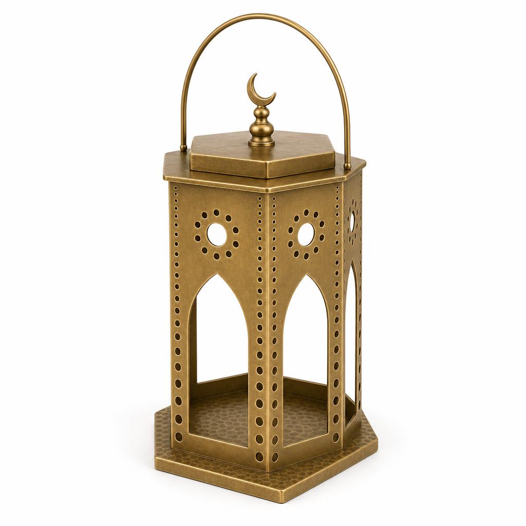 Khatam Arcade Fanoos 30 — pierced aluminium table lantern — angle view