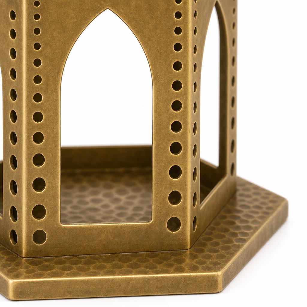 Khatam Arcade Fanoos 30 — pierced aluminium table lantern — detail view
