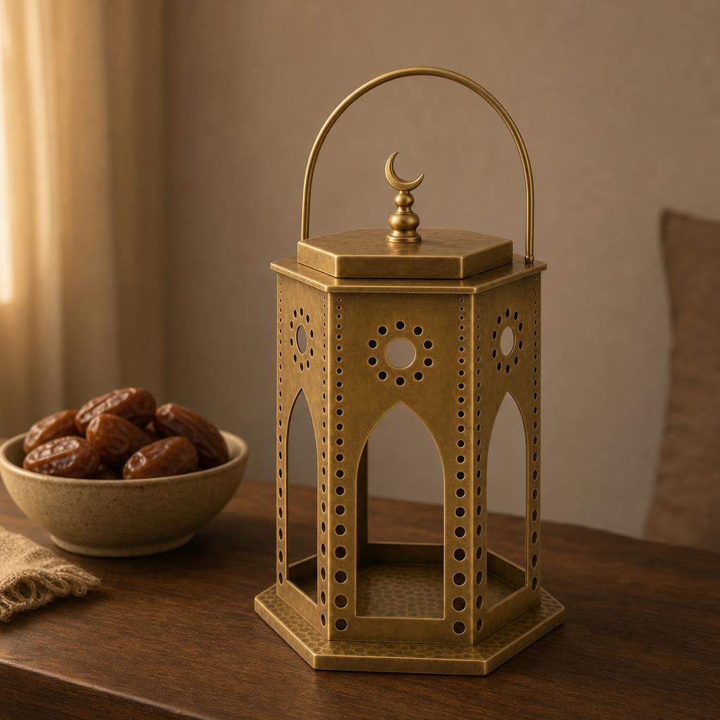 Khatam Arcade Fanoos 30 — pierced aluminium table lantern — lifestyle view