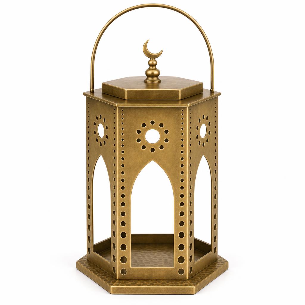 Khatam Arcade Fanoos 30 — Aluminium · Antique brass tone on aluminium · 18 x 18 x 30