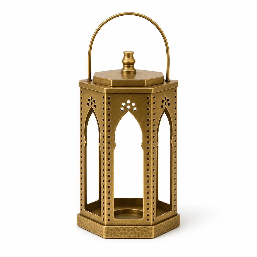 Khatam Arcade Fanoos 20 — Aluminium · Antique brass tone on aluminium · 12 x 12 x 20