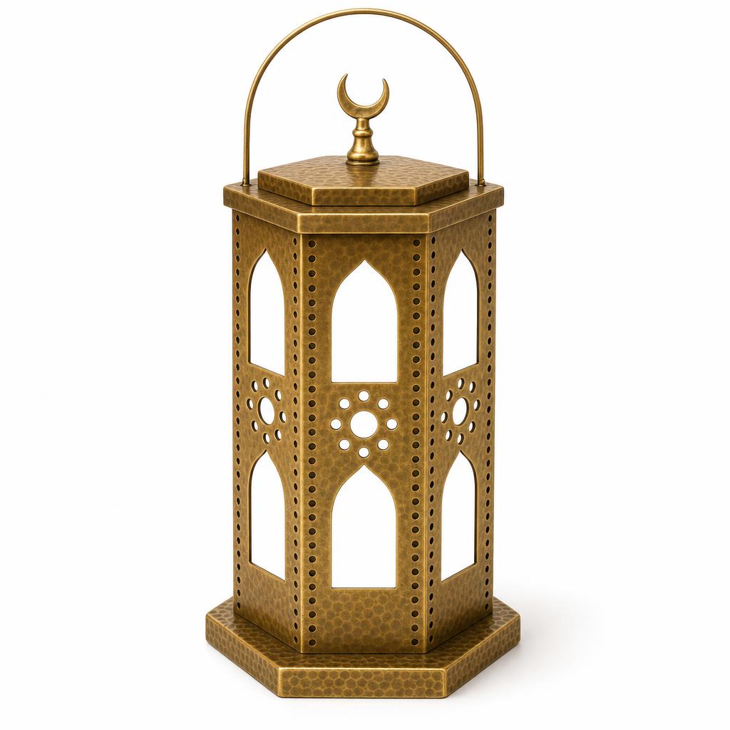 Khatam Arcade Fanoos 40 — Aluminium · Antique brass tone on aluminium · 24 x 24 x 40