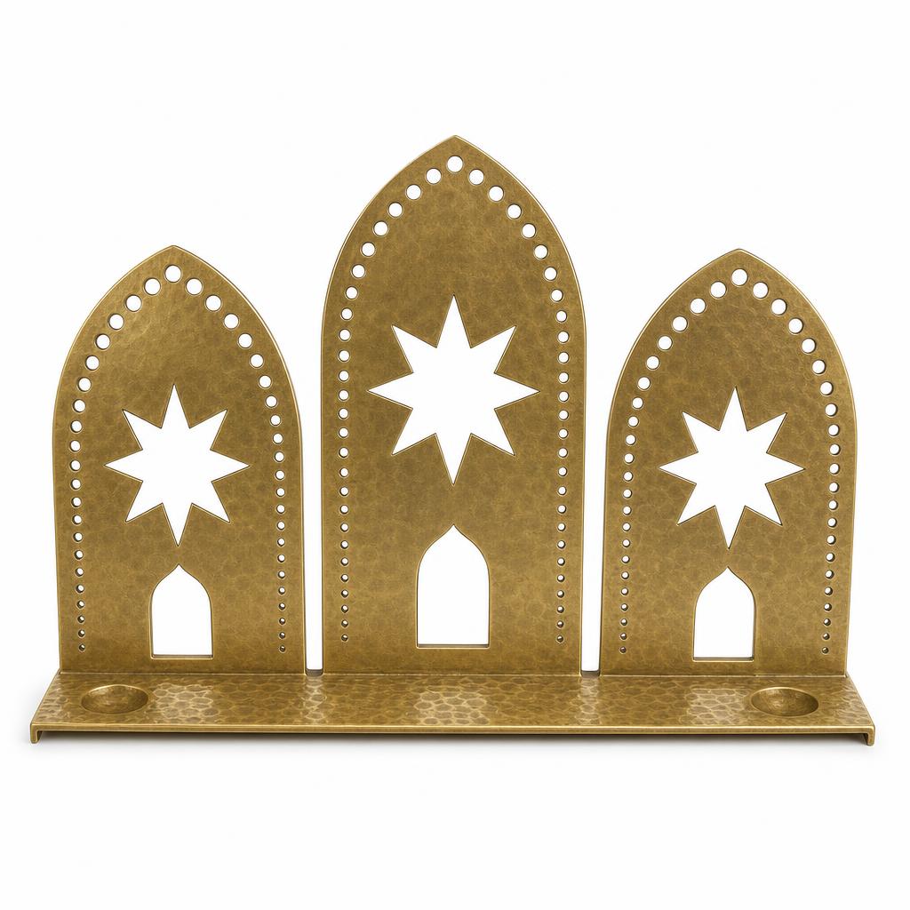 Khatam Arcade Iftar Screen — Aluminium · Antique brass tone on aluminium · assembled 30 x 13 x 26