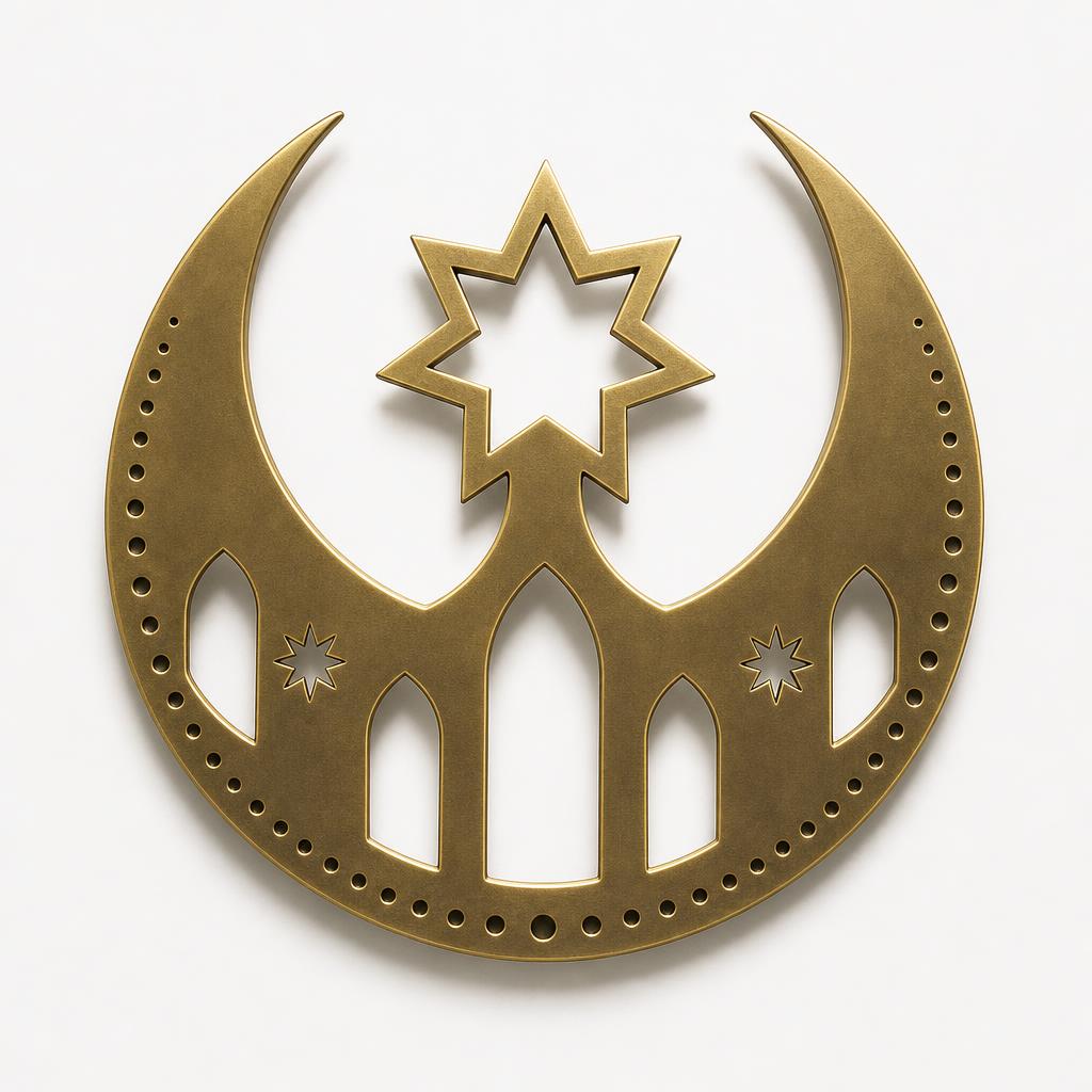 Khatam Crescent and Star — 60cm pierced solid brass wall piece — Solid Brass · Antique brass on solid brass · 60 x 52 x 3.5 including standoffs