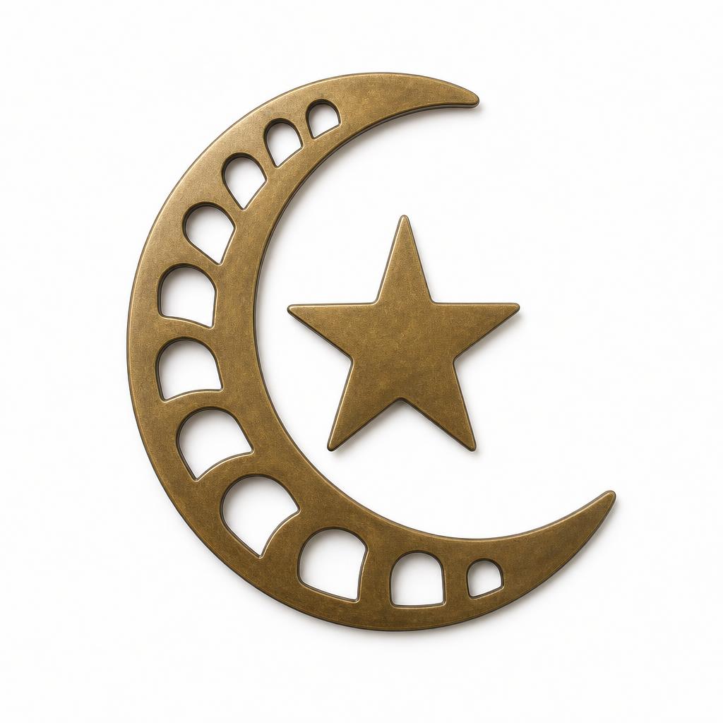 Khatam Crescent Wall Hanging 22 — Aluminium · brass tone on aluminium · 22 (W) x 20 (H) x 0.12 (thk)