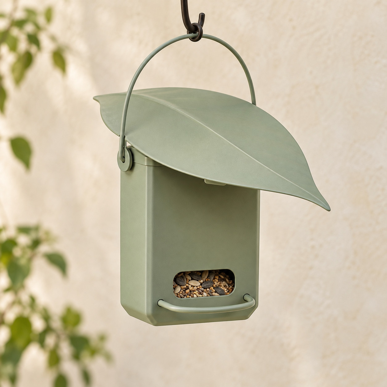 Leaf Bird Feeder — Proposed coated mild steel · Soft sage green