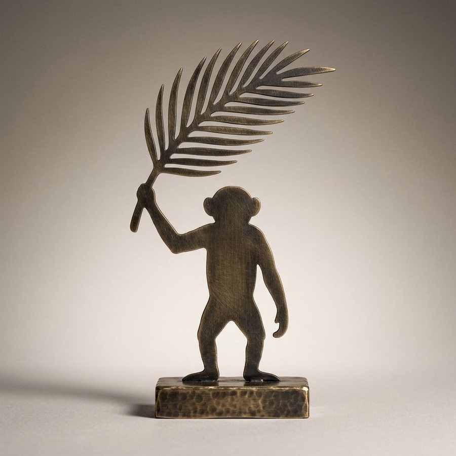 Monkey with Palm Frond — Pierced aluminium sheet · Antique Brass