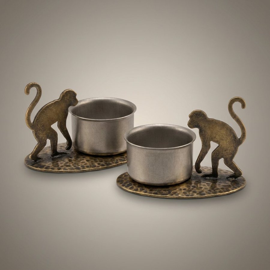 Monkey Tea Light Holders, Pair — Spun aluminium cup, cut profile · Antique Brass