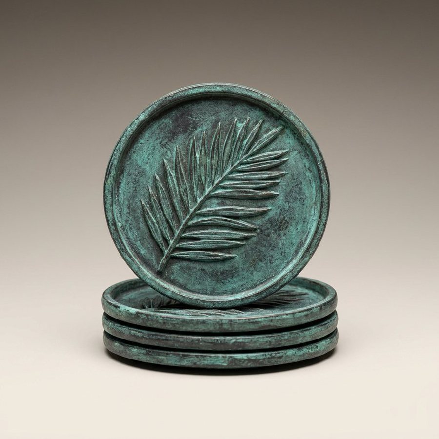 Palm Leaf Coasters, Set of 4 — Aluminium · Verdigris