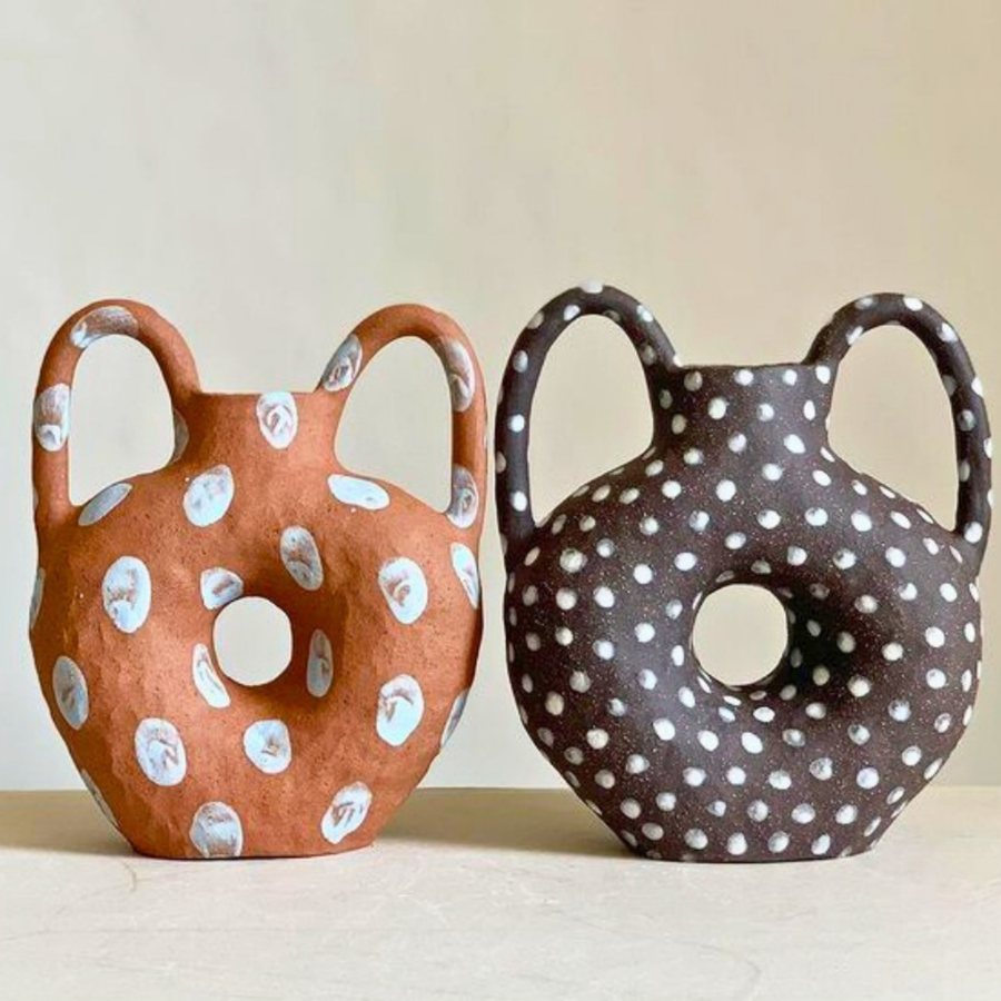 Polka Handled Donut Vase — Terracotta · hand-painted dots · twin handles