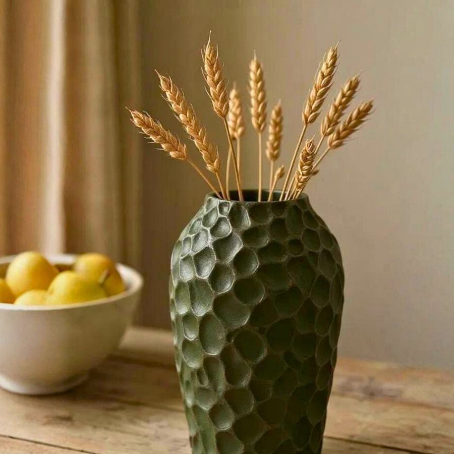 Dimpled Texture Vase — matte green stoneware vase with hand-carved dimples