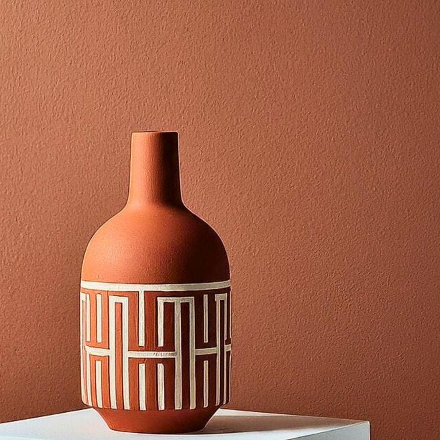 Geometric Painted Bottle Vase — Terracotta · hand-painted geometry