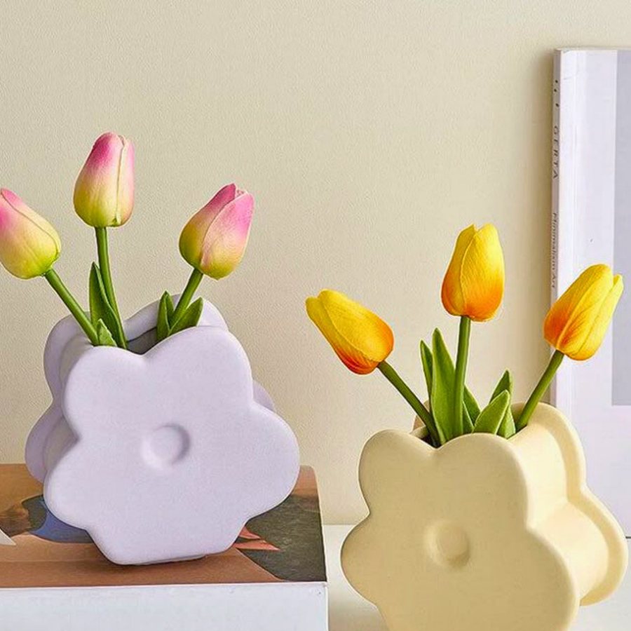 Daisy Flat Vase — Ceramic · flat petal form · matte pastel