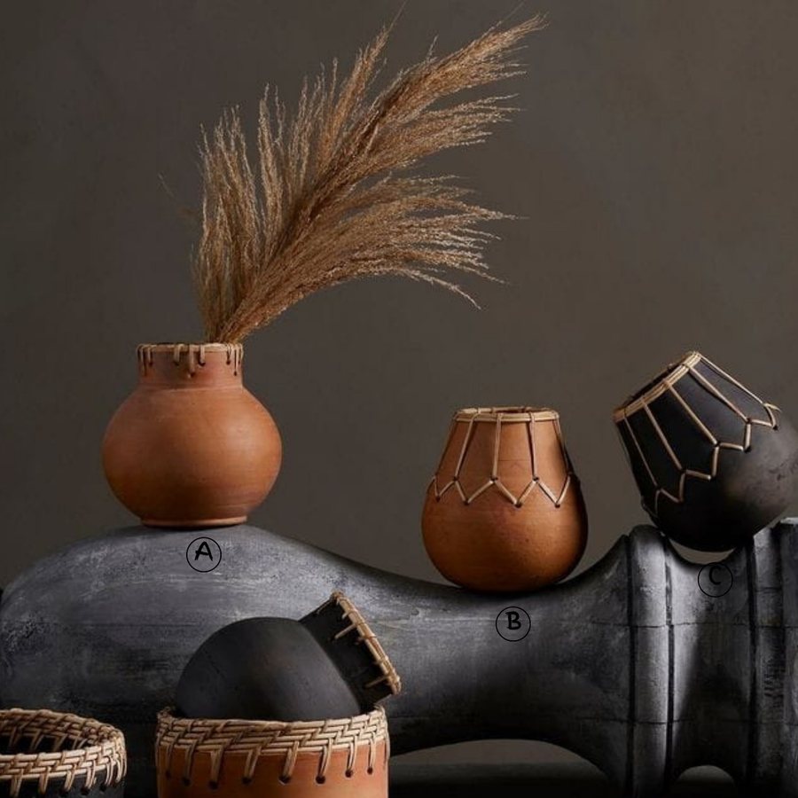 Etched Tribal Clay Vase — Terracotta · etched tribal motif · pair