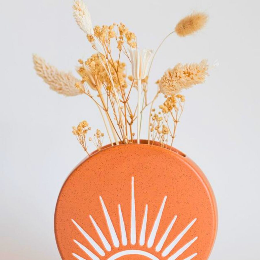 Sunburst Disc Vase — Ceramic · painted sunburst · disc form