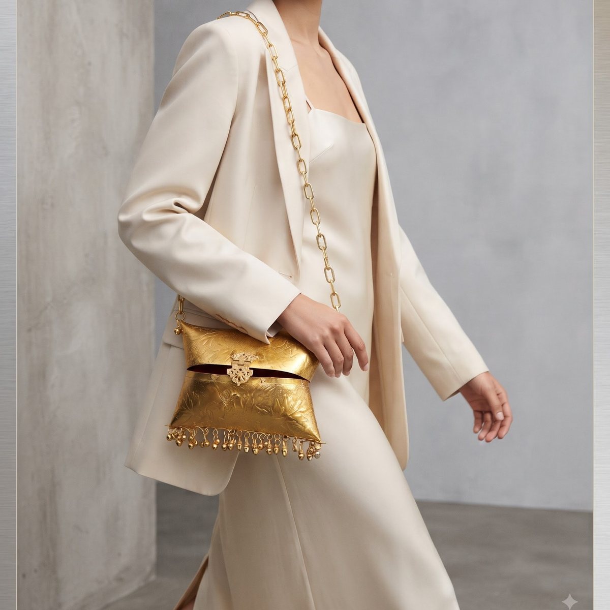 The Temple Bell Handbag — engraved gold-tone metal handbag edged with tiny bells, worn cross-body on a chunky chain
