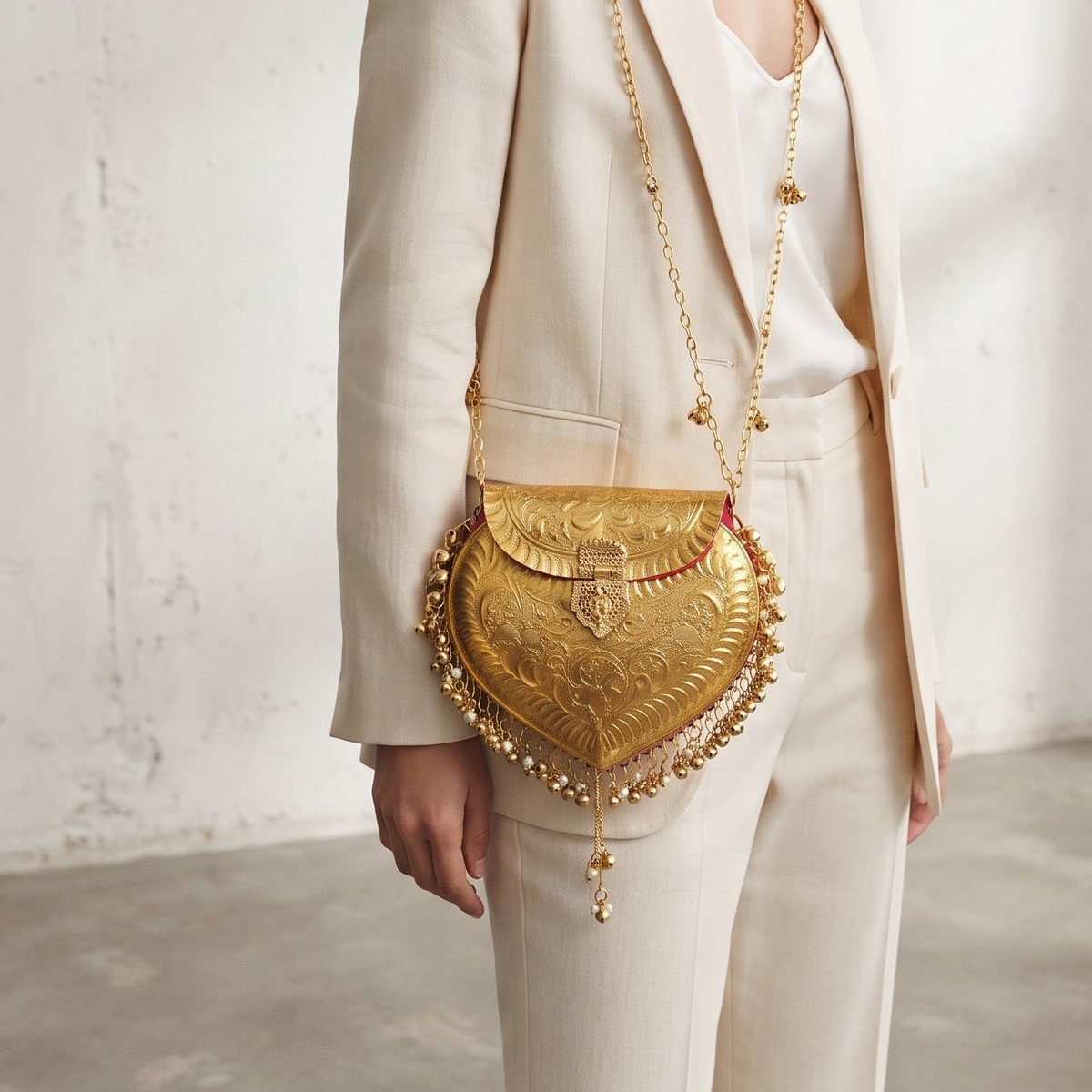The Paisley Handbag — teardrop engraved gold-tone metal case fringed with bells and pearls, worn on a long double chain