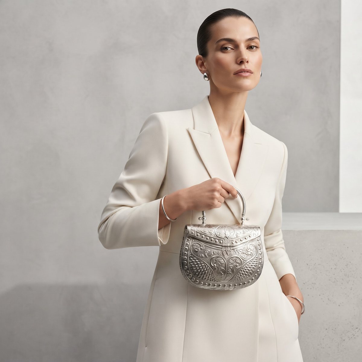 The Silver Scroll Handbag — all-over acanthus engraving in polished silver-tone, carried by its ring handle with an ivory suit