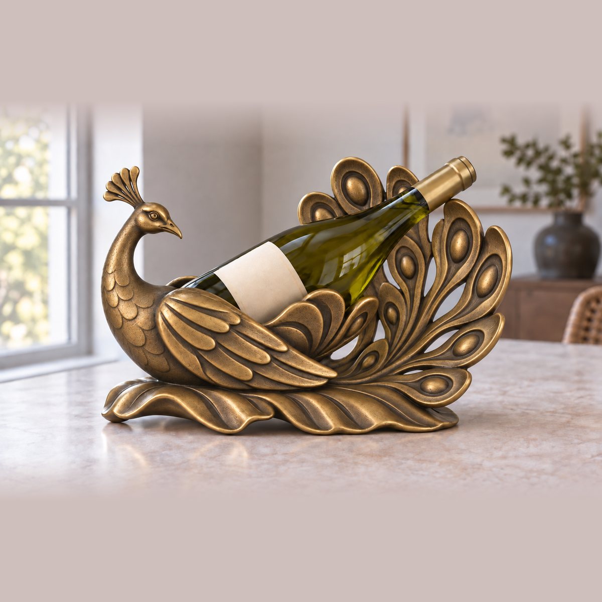 Peacock Cradle, a cast antique brass peacock wine bottle holder cradling a bottle of white wine, design render