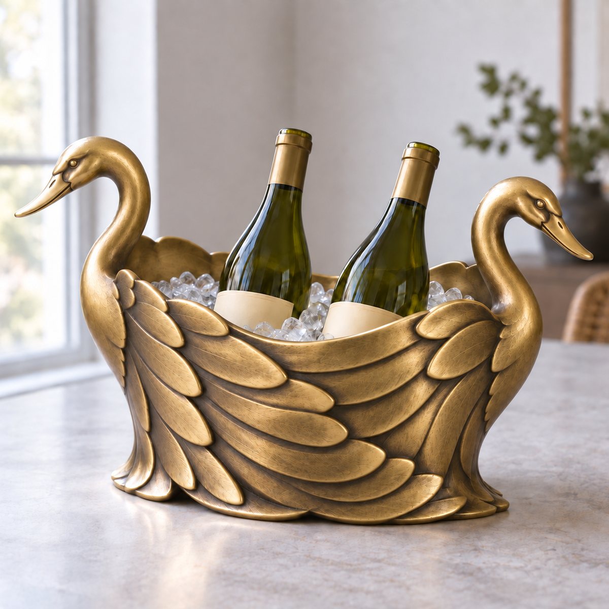 Swan Wings, a cast antique brass ice bucket shaped as two swans with feathered wings, holding ice and two wine bottles, design render