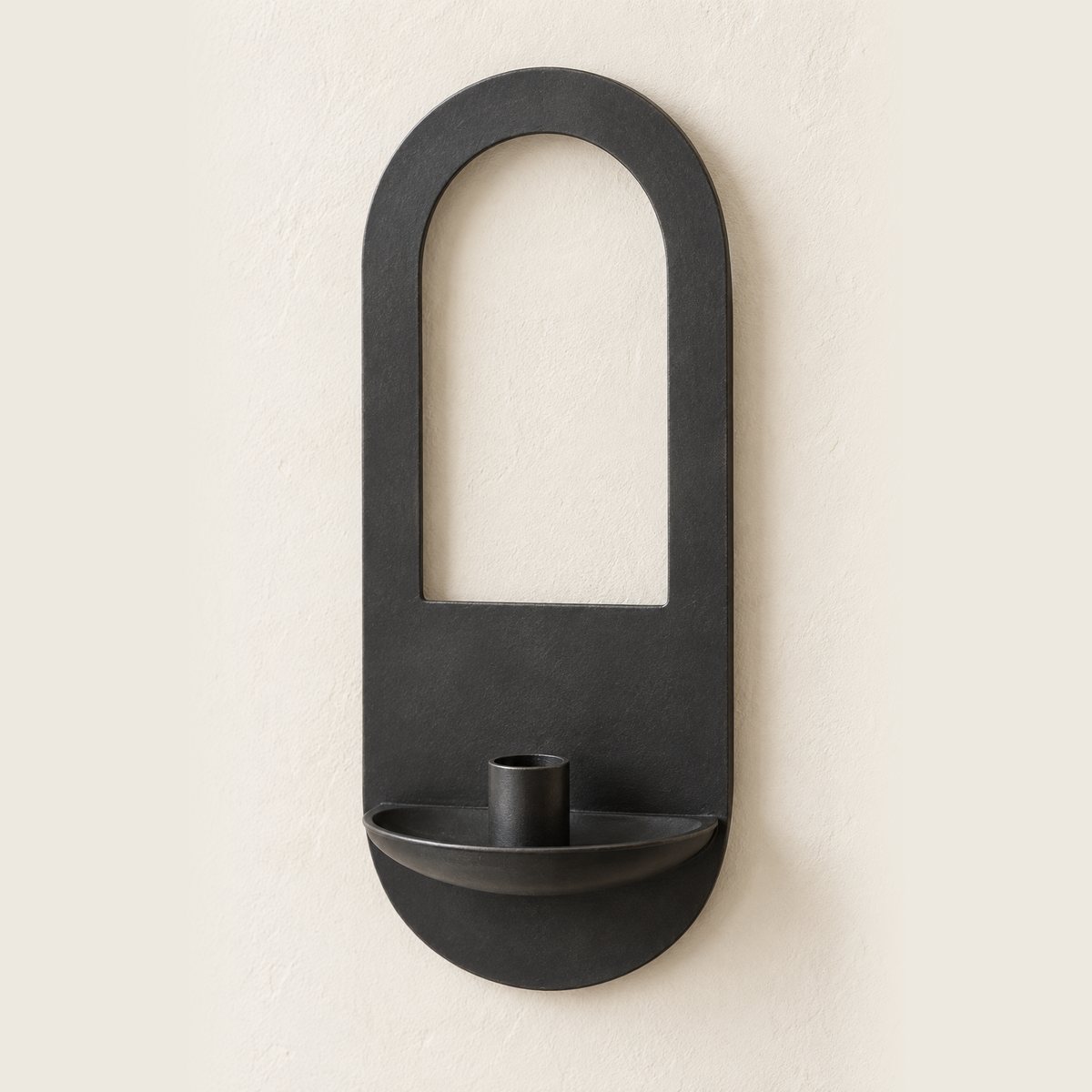 Arch Window, a matte black iron wall sconce with a large arched cut-out window, design render