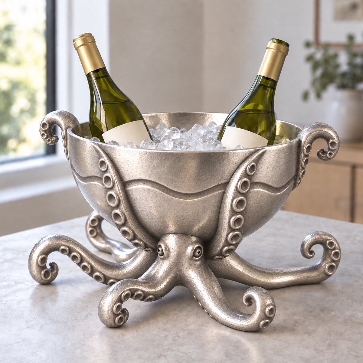 Octopus Tide, a cast aluminium ice bucket held up by octopus tentacles, holding ice and two wine bottles, design render