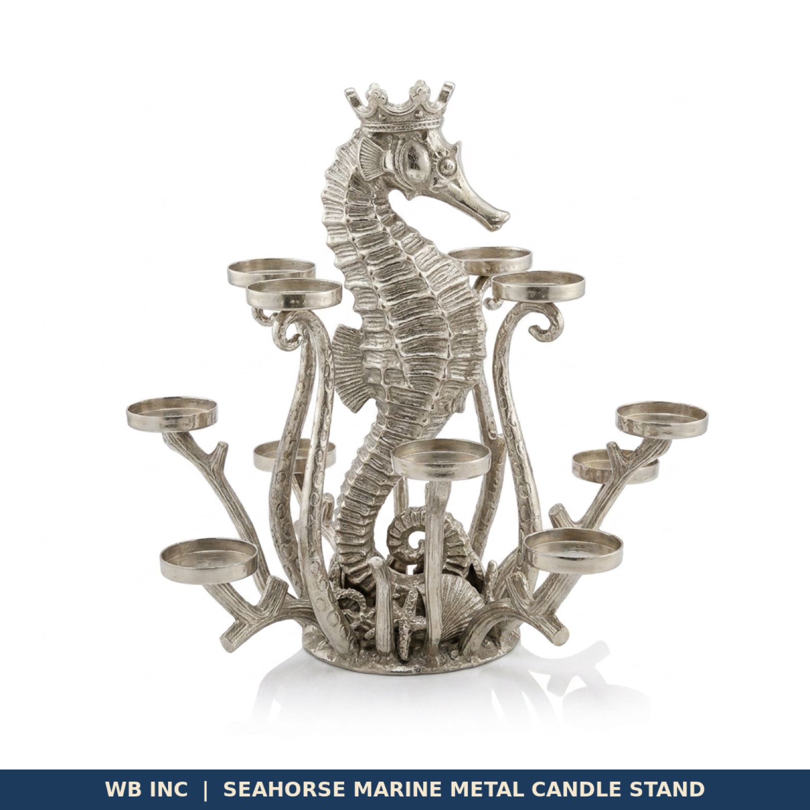 Seahorse Marine Candle Stand — sculptural cast-metal seahorse candle holder in antique gold finish