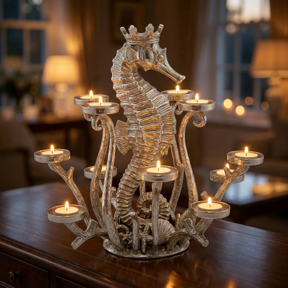 Seahorse candle stand styled on a coastal dining table