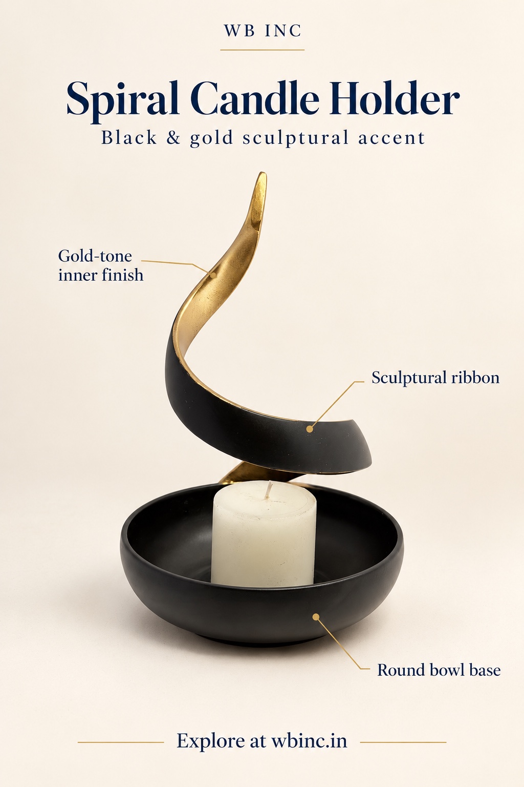 Spiral Candle Holder callouts: sculptural ribbon, gold-tone inner finish and round bowl base