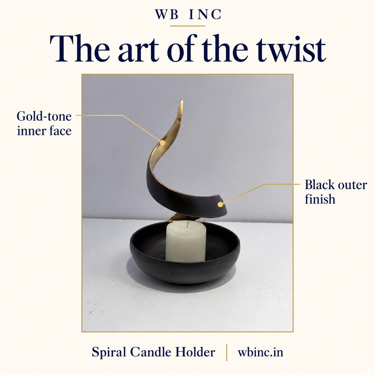 Photographed spiral candle holder with black outer finish and gold-tone inner face callouts