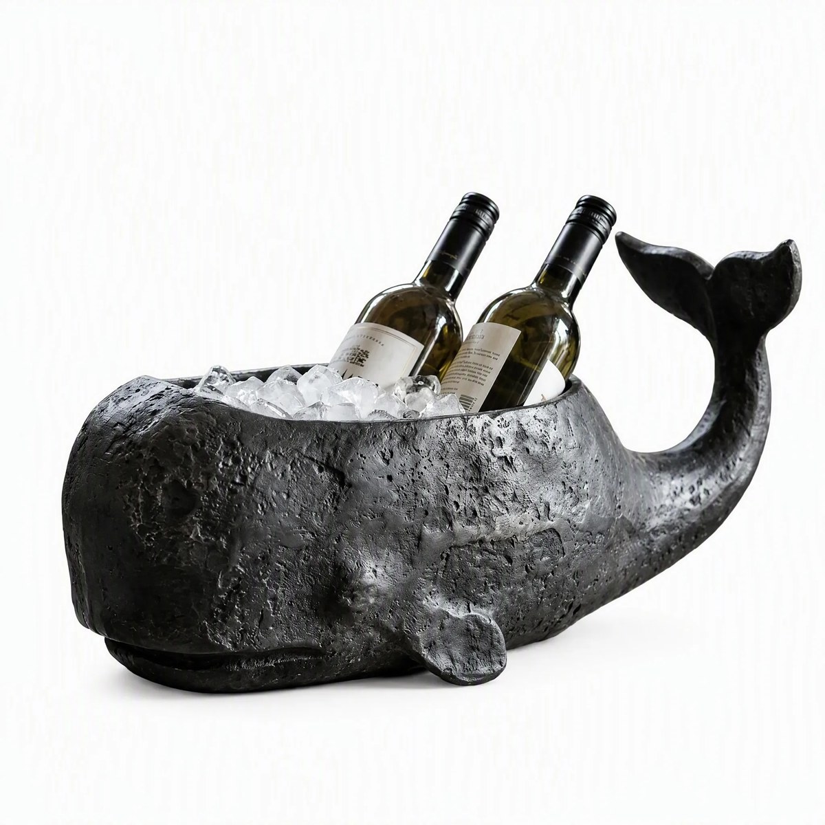 Whale Ice Bucket — hand-forged wrought iron whale ice bucket in dark charcoal, holding ice and two bottles